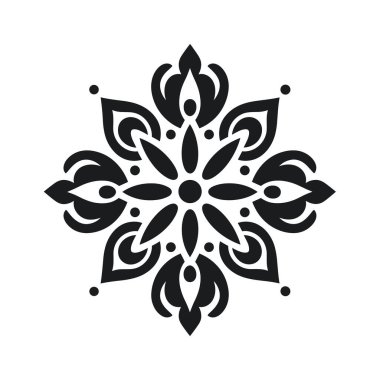 Beyaz arka planda simetrik desen siyah olarak gösterilir. Dekoratif elementleri ve nokta desenli stilize bir çiçek..