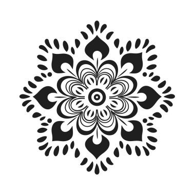 Simetrik, stilize edilmiş bir çiçek, siyaha boyanmış beyaz bir arkaplanda sunulur. Tekrarlayan elementleri ve dairesel desenleri var..