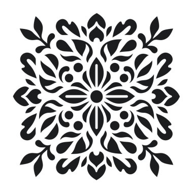 Siyah renkte karmaşık bir çiçek tasarımı sergileniyor. Yapraklar, çiçek elementleri ve küçük noktalardan oluşur. Mandala benzeri bir görünüm yaratır..