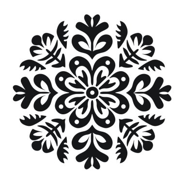 Botanik şekillerle çevrili sanatsal siyah bir çiçek düz beyaz bir arkaplan karşısında simetrik, dairesel bir halk deseni yaratır..
