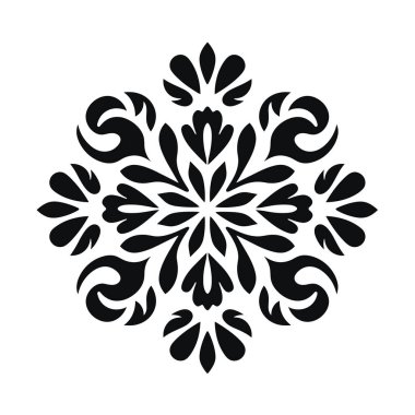 Katı beyaz arka planda siyah bir çiçek deseni sergilenir. Şablon tekrarlayan simetrik şekillere ve simetrik bir tasarıma sahiptir..