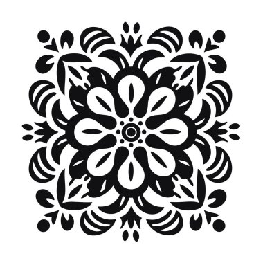 Simetrik bir çiçek süsü sergileniyor. Tasarım beyaz arka planda siyahtır. Yapraklar ve çiçek şekilleri kalıpta mevcuttur.