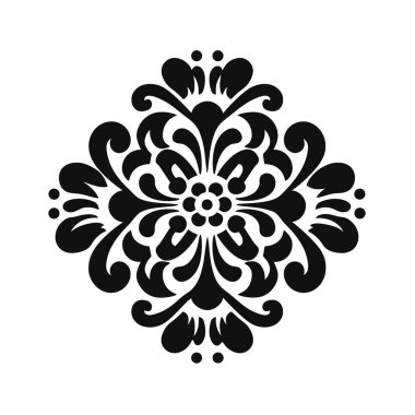 Dönen yaprakları ve noktaları olan simetrik siyah bir çiçek tasarımı düz beyaz bir arkaplan üzerine kuruludur. Zarif, soyut bir çiçek deseni..