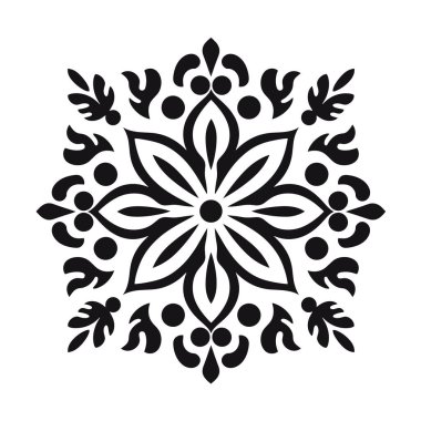Siyah simetrik tasarım, yaprakları ve daireleri olan bir çiçeğin beyaz arkaplanda dengeli bir kare desen oluşturduğunu gösteriyor..