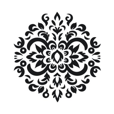 Süslü bir çiçek deseni sergileniyor. Siyah beyaz simetrik bir desen içerir, dönen şekiller ve yaprak benzeri elementlerle..
