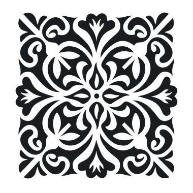 Bu tasarım kare şeklinde. Siyah ve beyaz olarak biçimlendirilmiş çiçek ve girdap deseni var. Dizaynın simetrik bir görüntüsü var..