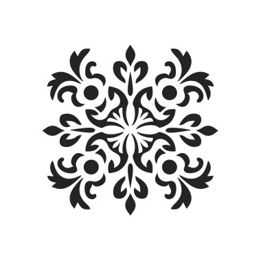 Simetrik bir çiçek tasarımı beyaz arka planda siyah renkte sunulur. Şekillendirilmiş yapraklar ve daireler var. Dekoratif desen oluşturuyor..