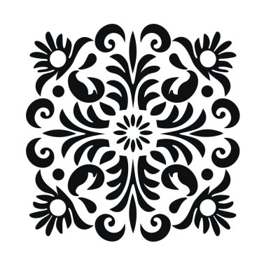 Simetrik bir çiçek dizaynı kare şeklinde yapraklar, girdaplar ve çiçekler içerir. Tasarım siyah ve beyaz arka planda..