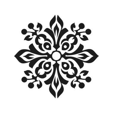 Detaylı bir simetrik siyah çiçekli grafik sergilenmektedir. Tasarım merkezi bir çember etrafında yaprak ve yaprak şekilleri içerir..