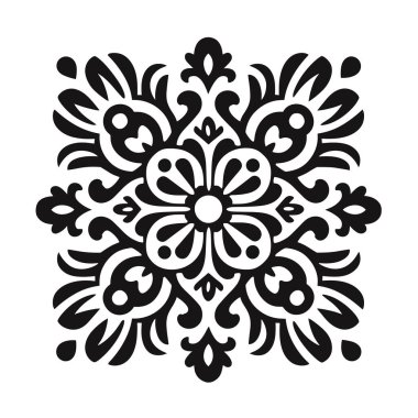 Şekillendirilmiş çiçek deseni siyah ve beyaz olarak sunulur. Desen simetrik ve elle çizilmiş gibi görünüyor..