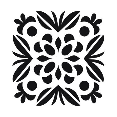 Siyah çiçekli ve soyut şekilli simetrik, geometrik bir süs beyaz bir arkaplanda sergilenmektedir. Tasarımı stilize edilmiş bir çiçeğe benziyor..