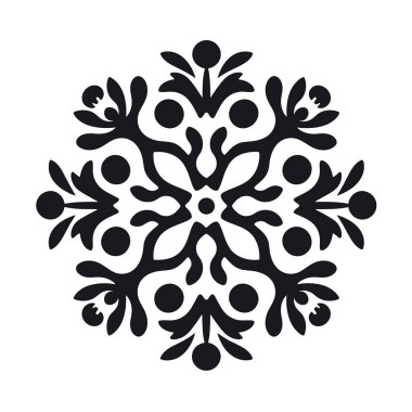 Simetrik dalları ve siyah noktalı aksanları olan stilize bir çiçek tasarımı. Dekorasyonun vektör grafik görüntüsü var.