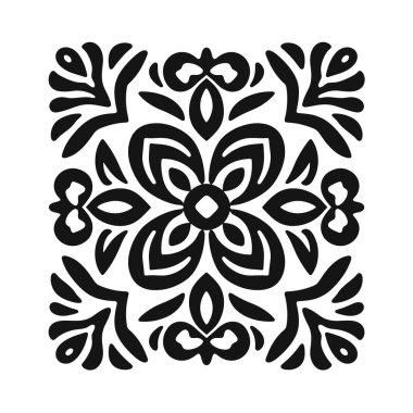 Simetrik grafik tasarımı, beyaz arkaplanda siyah ve çiçekli elementlerin olduğu kare bir format gösterir. Bu soyut bir model..