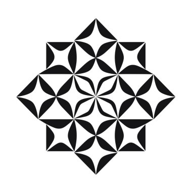 Bir kareye dizilmiş siyah ve beyaz şekillerin karmaşık geometrik deseni stilize bir çiçek ya da yıldıza benzer. Tasarım simetrik olarak yineleniyor.