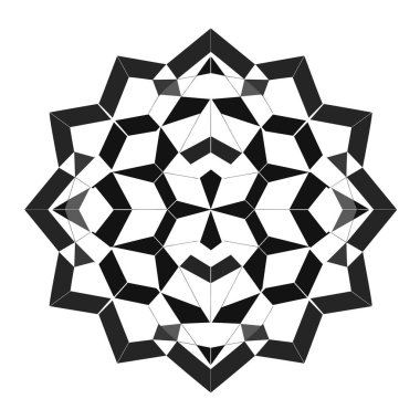 Geometrik desen, simetrik şekilleri ve tasarımları olan siyah ve beyaz bir yıldız gösteriyor. Beyaz bir arka planda izole edilmiştir..