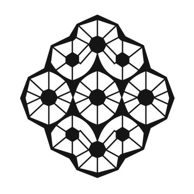 Bir grup tekrarlayan geometrik şekil, simetrik bir şekilde sıralanmış. Tasarım çeşitli çokgenlerden ve dairesel elementlerden oluşur..