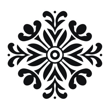 Siyah ve beyaz renkli simetrik bir çiçek deseni stilize edilmiş yapraklar ve dairesel şekiller içerir. Tasarım merkezi bir noktadan yayılıyor..