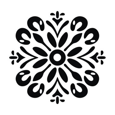 Geometrik şekilleri olan dairesel soyut bir tasarım ve beyaz arka planda siyah renkli çiçeklere benzer süslemeler. Simetrik görünüyor..