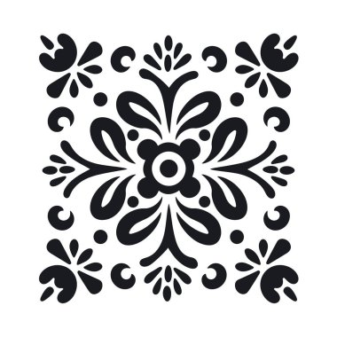 Merkezi çiçek motifli simetrik bir tasarım. Bir kare oluşturan yapraklar, noktalar ve yapraklar içerir..