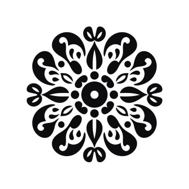Simetrik bir çiçek deseni siyah şekiller ve tasarımlar içerir..