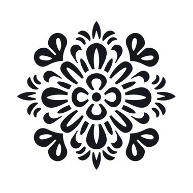 Simetrik bir süs deseni gösterilir. Tasarım, düz beyaz bir arkaplan karşısında siyah renkli çiçek elementlerini içeriyor..