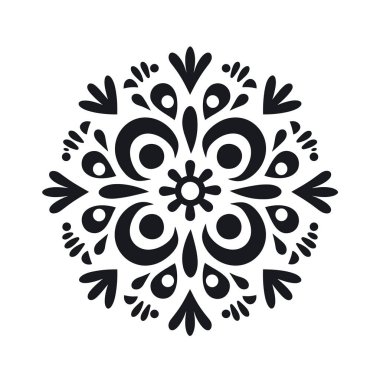 Beyaz bir zemin üzerinde çeşitli siyah çiçekli ve geometrik şekillerden oluşan simetrik, dairesel bir tasarım. Şablon yineleniyor ve stil kazanıyor..