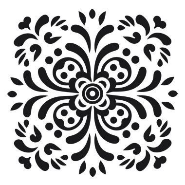 Simetrik bir tasarım, beyaz arka planda soyut yaprakları, gözyaşları ve siyah daireleri olan merkezi bir çiçeği sergiler..