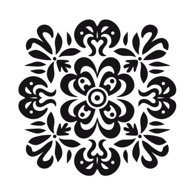 Simetrik şekilli Geometrik çiçek tasarımı. Bu süs, siyah ve beyaz renklerde çizilmiş vektör tabanlı..