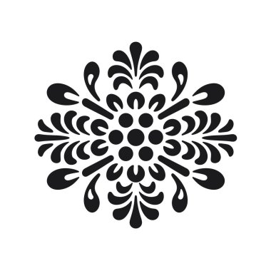 Simetrik tasarım, yuvarlak şekilli, yapraklı ve beyaz arkaplanda merkezi bir nokta kümesine sahip bir çiçek motifi içerir..