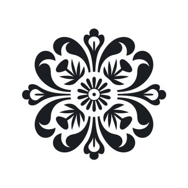 Beyaz arka plana karşı siyah desenli ayrıntılı çiçek deseni. Çiçeğin yaprakları, yaprakları ve merkezi bir çiçeği vardır..