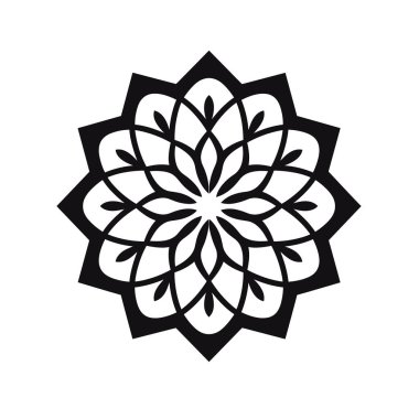 Simetrik tasarım siyah çiçekli desenleri beyaz arkaplanda bir yıldız formasyonunda düzenler. Soyut şekil dekoratif ve geometrik.