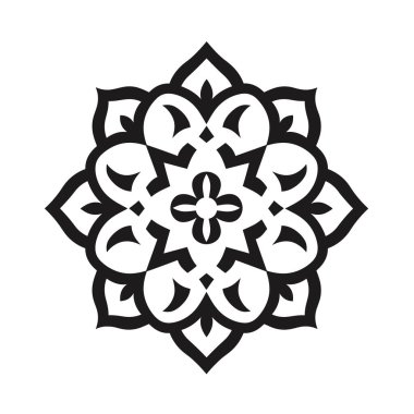 Merkezinde simetrik taç yaprakları ve küçük bir çiçek bulunan siyah süslü bir çiçek beyaz arka plandadır. Tasarım dekoratif..