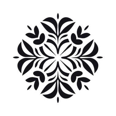 Biçimlendirilmiş dairesel tasarım tekrarlayan elementler içerir. Bu desen, tek renkli bir bitki motifi oluşturan simetrik yaprakları gösteriyor..