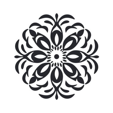 Basit bir siyah beyaz çizim merkezli, dairesel çiçekli bir tasarımı gösteriyor. Merkezi bir noktadan yayılan süslü taç yapraklarına benzer şekiller içeriyor..