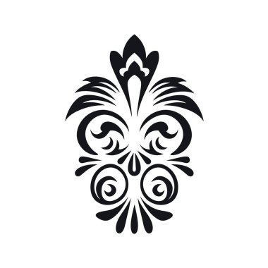 Beyaz arka planda simetrik bir dekoratif tasarım sergilenir. Tasarım çiçek elementleri, parşömenler ve simetrik düzenlemeler kullanır..