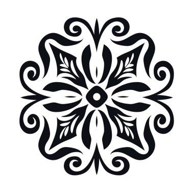 Siyah mandala simetrik tasarım gösterir. Tasarım karmaşık ve detaylı, beyaz bir zemin üzerine kurulmuş..