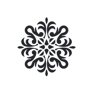 Eğriler ve üçgen şekiller içeren siyah süslü bir çiçek tasarımı beyaz bir arkaplanda izole edilir. Simetrik ve dekoratif..