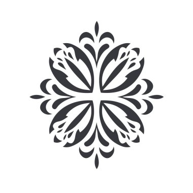 Beyaz arka planda, arabesk 'e benzeyen simetrik bir siyah çiçek tasarım elementi gösterilir. Süslü ve zarif..