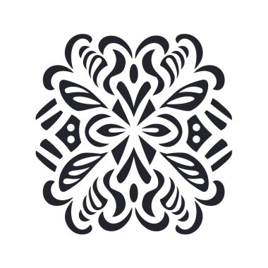 Soyut tasarım beyaz zemin üzerinde siyah simetrik bir desen içerir. Şablon, çiçekli ya da organik bir elementi andırıyor..
