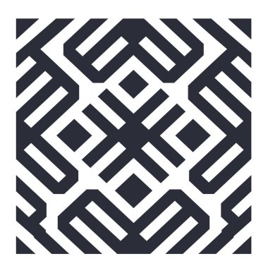 Kare şeklinde, koyu ve beyaz çizgilerden oluşan kare bir şekil. Soyut bir tasarım yaratıyor..