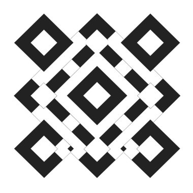 Siyah ve beyaz elmasların kesişmesiyle oluşan simetrik bir desen düz beyaz arkaplan üzerinde tekrarlayan bir geometrik tasarım oluşturur..