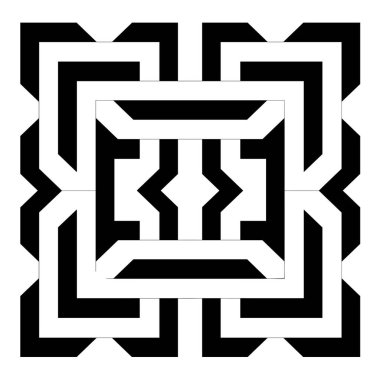 Siyah ve beyaz şekilleri birbirine bağlayan simetrik soyut bir tasarım özelliği.