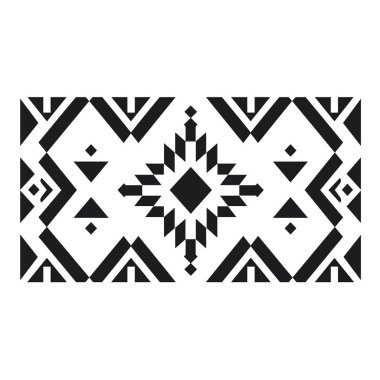 Siyah geometrik şekiller (üçgenler, elmaslar, çizgiler) beyaz üzerine simetrik desenler.