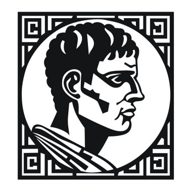 Şekillendirilmiş, siyah ve beyaz sanatsal bir tasvir, geometrik şekillerle çerçevelenmiş bir Roma İmparatoru profilini gösteriyor. Şekil sağa bakıyor..