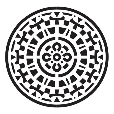 Karmaşık bir dairesel desen geometrik şekiller gösterir haçlar, kareler, üçgenler ve döngüler dahil, siyah ve beyaz.