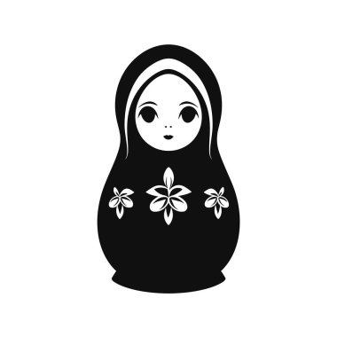 Siyah ve beyaz bir çizimde basit, çocuksu bir yüzü ve ortasında üç çiçek deseni olan tek bir matruşka bebeği sergilenir..