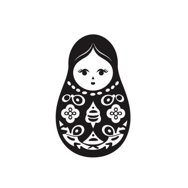 Matrioshka bebeği olarak da bilinen siyah-beyaz bir yuva bebeği geleneksel çiçek ve dekoratif detaylarla gösterilir..