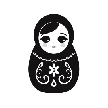 Basit bir siyah beyaz çizim Matryoshka bebeğini gösteriyor. Bebeğin bir çiçek tasarımı, yüz detayları ve genel bir dekoratif tarzı var..