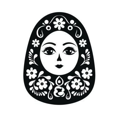 Siyah ve beyaz bir grafikle geleneksel Rus bebeklerinin dekoratif çiçekleri ve girdapları gösteriliyor..