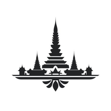 Bu, mimari bir yapının ayrıntılı siyah siluetini gösteriyor. Beyaz arka planda Güneydoğu Asya 'dan gelen dini bir tapınağa benziyor..